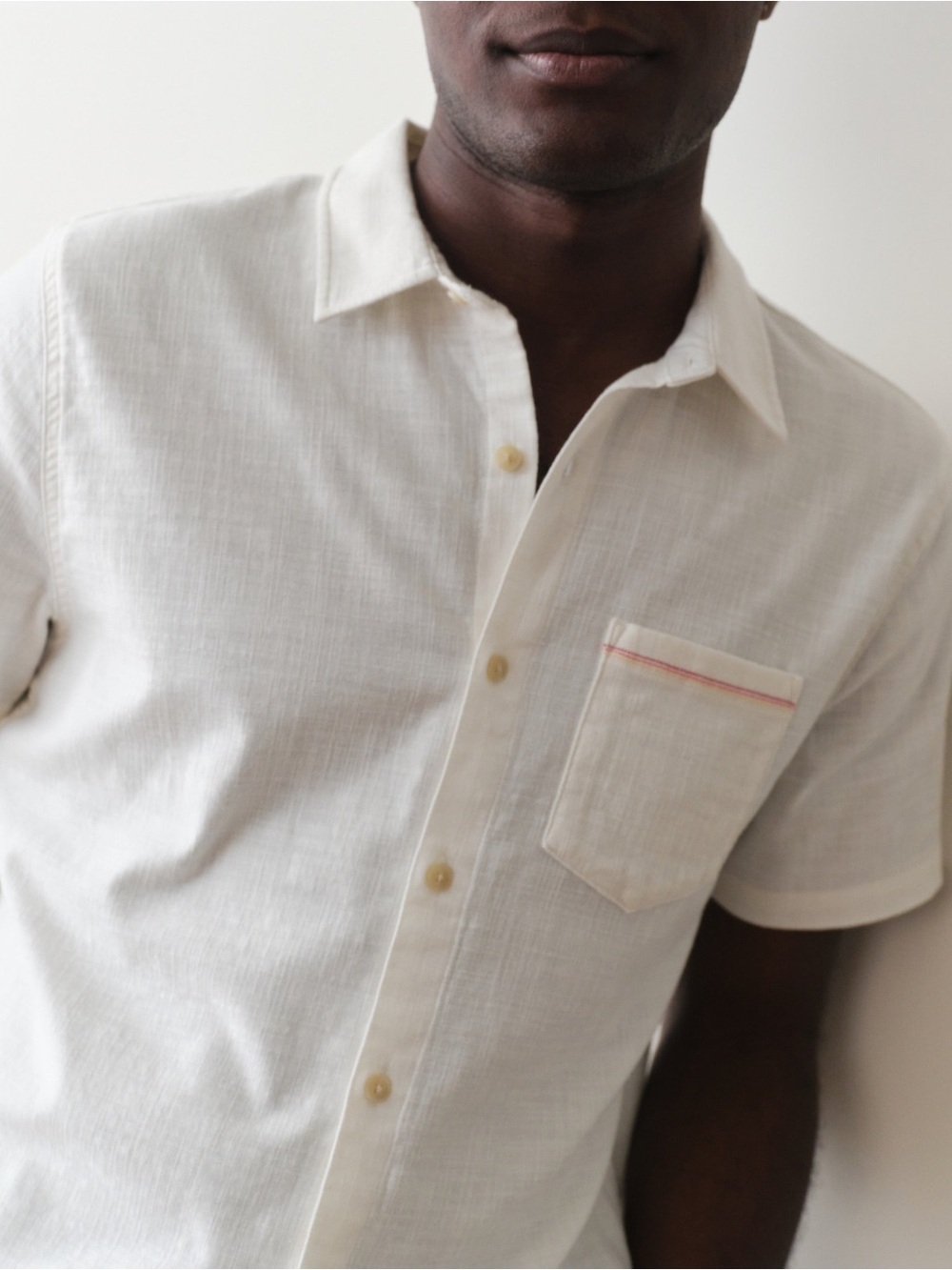 Marine Layer Stretch Selvage Short Sleeve Shirt Cotton in Natural Ivory XXL - Picture 5 of 14